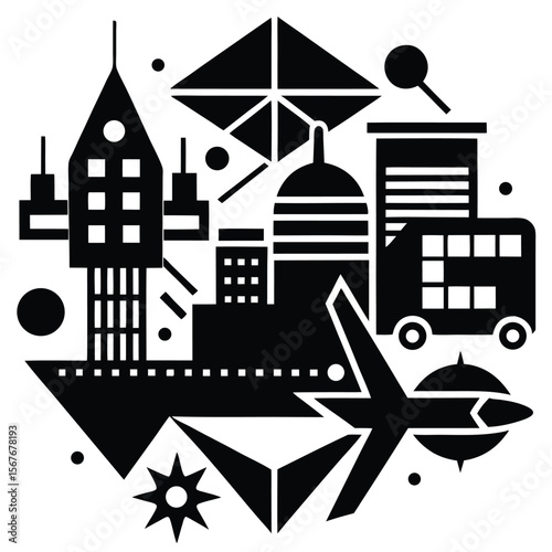 Stylized black cityscape with transportation elements urban travel