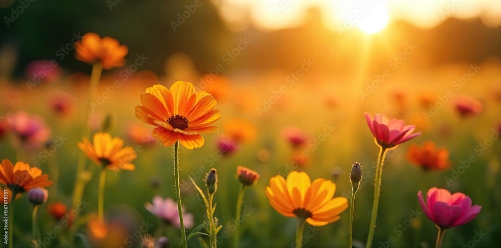 Golden Hour Wildflowers Serene Field of Vibrant Blooms Bathed in Warm Sunlight, Evoking Happiness and Well-being Golden Hour Wildflowers Serene Field of Vibrant Blooms Bathed in Warm Sunlight, Evoking Happiness and Well-being