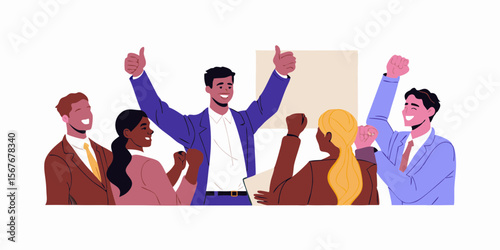 Diverse group of business professionals celebrating success with raised fists and thumbs up
