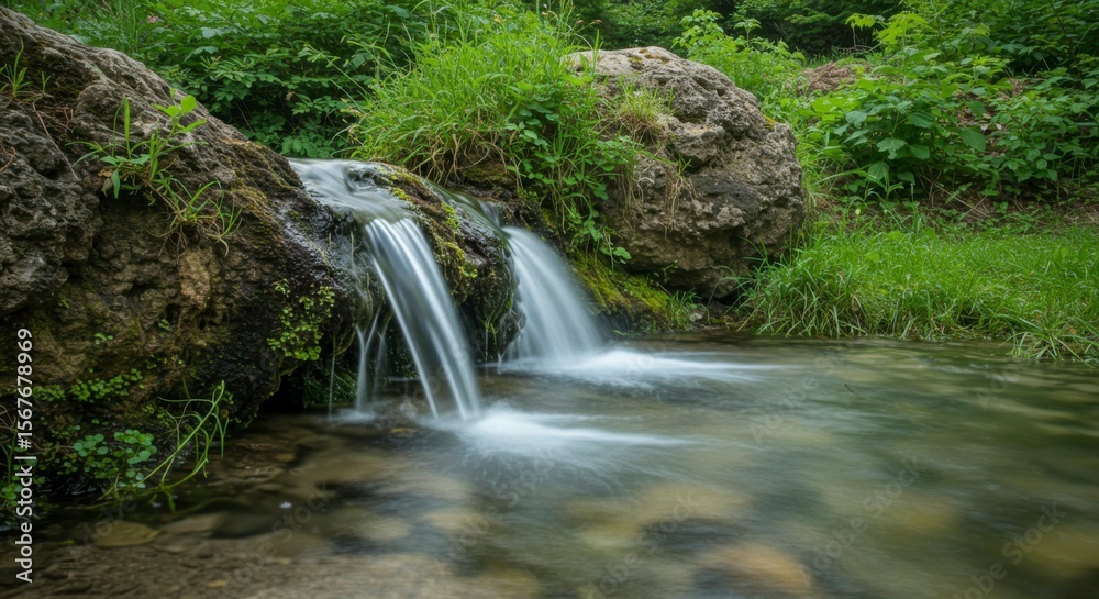 Obraz premium Serene waterfall cascading over rocks into a tranquil pool, surrounded by lush greenery
