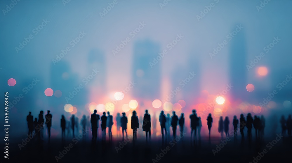 Fototapeta premium Blurry background of city. A large group of people standing against a silhouette light.