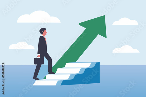 Businessman climbing stairs towards a green upward trending arrow symbolizing success