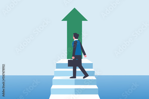 Businessman walks up stairs towards a large green upward arrow symbolizing success