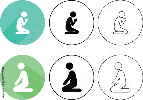 Set of simple icons representing prayer and spiritual practice in circles