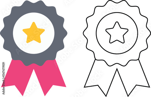 Award badge illustration featuring a star and ribbon with two design versions