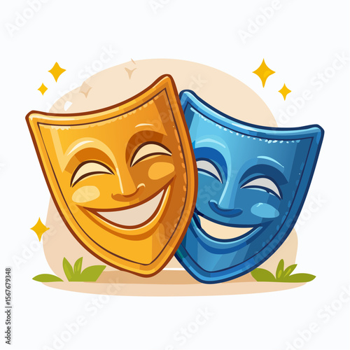 Theatrical Duo: Two vibrant masks, one of laughter and the other of cheer, shine bright as a symbol of drama, expressing emotions and performance. Capturing the essence of joy and art.