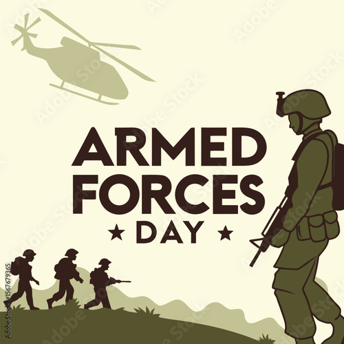 Stylized illustration of soldiers and helicopter for armed forces day military