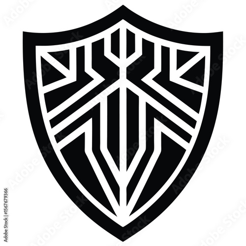 Stylized shield graphic design black white geometric vector