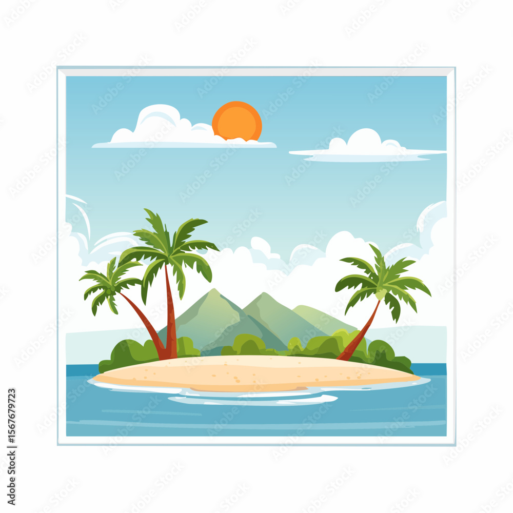 Obraz premium Tropical Paradise: A serene island oasis, a tranquil haven where azure waters embrace a sun-kissed beach, palm trees sway gently, and verdant hills rise in the distance under a bright sun.