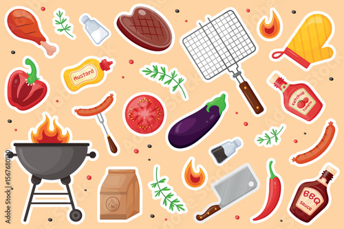 BBQ sticker collection. Grill party set.Decorations  for  cafe and restaurant theme.Grill, cooking tools,  steak, eggplant, tomato, pepper, oven mitt, steak, sauce,patty,rosemary.Vector illustration. 