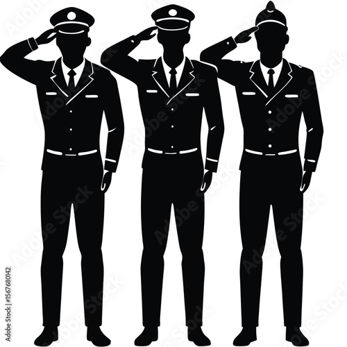 Three men in uniform salute black white