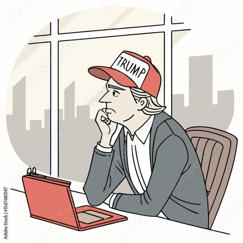 Businessman working on a laptop with a serious expression, seated in an office suit and classic hat.