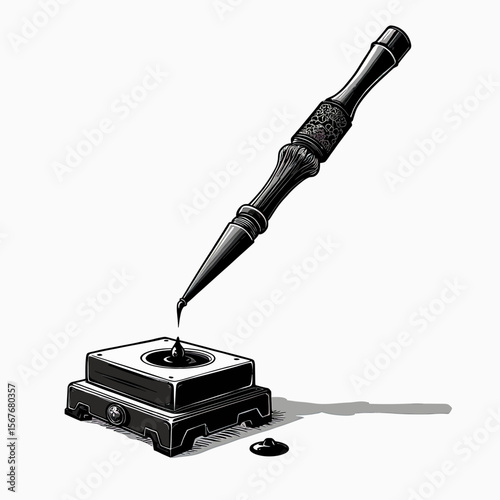 A detailed black and white illustration of a traditional calligraphy brush dripping ink into an ornate inkstone, symbolizing the ancient and elegant art of writing.
