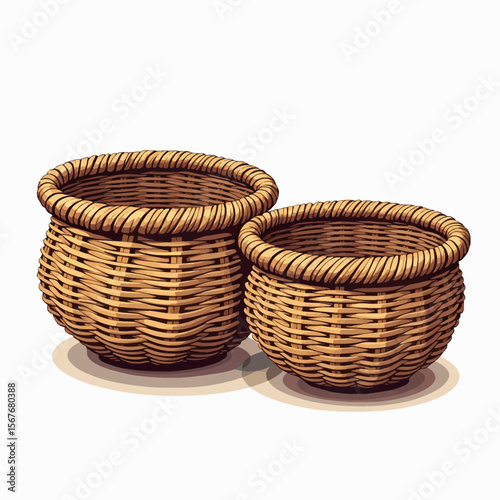 A charming illustrated set of two empty hand-woven wicker baskets in different sizes, a perfect rustic container for home organization or farmers market shopping.
