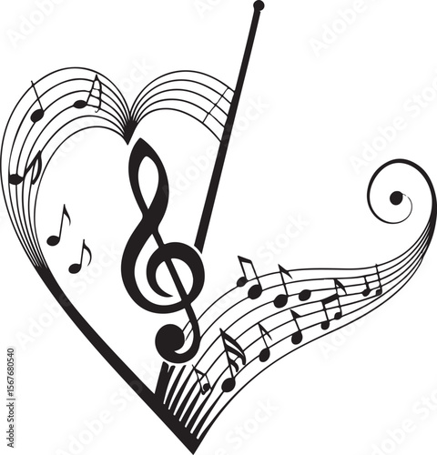 Elegant black and white musical heart with treble clef and musical notes design