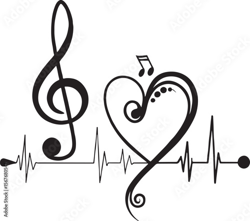Elegant black and white music design featuring treble clef heartbeat and musical heart