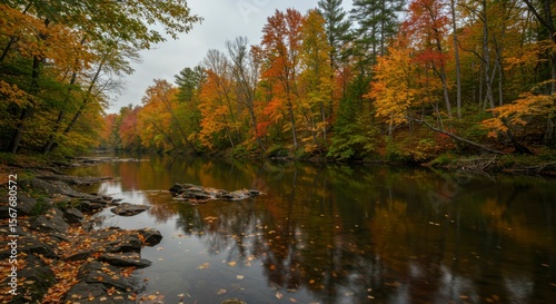 Calm river reflecting autumn foliage, rocks in foreground