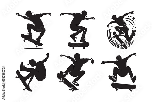 Set of A skateboarder performing a trick, Silhouette Vector icon, isolated on a white background