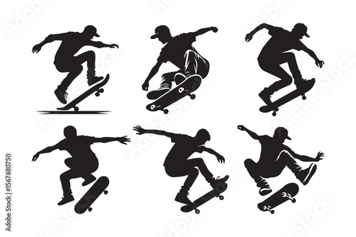 Set of A skateboarder performing a trick, Silhouette Vector icon, isolated on a white background