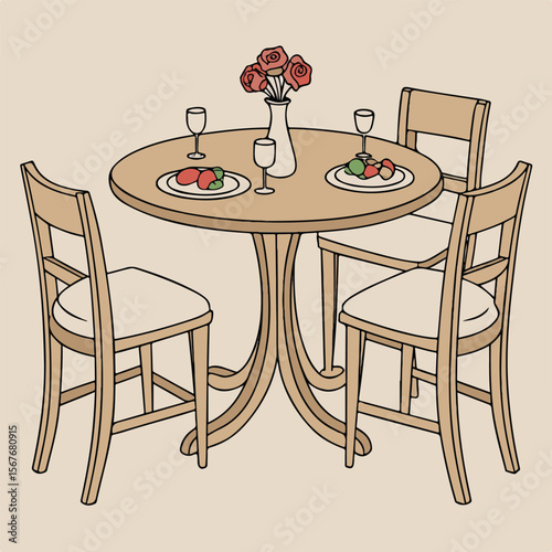 Elegant dining setup with a classic wooden table and chairs in a cozy interior design hand-drawn illustration.
