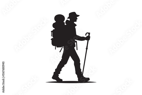 70 A hiker with a backpack, Silhouette Vector icon, isolated on a white background
