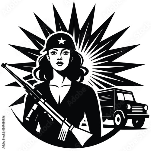 Woman holding rifle with star hat and truck vector
