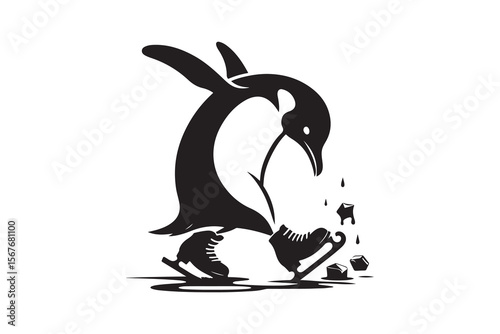  A penguin trying to ice skate but constantly slipping, isolated on a white background