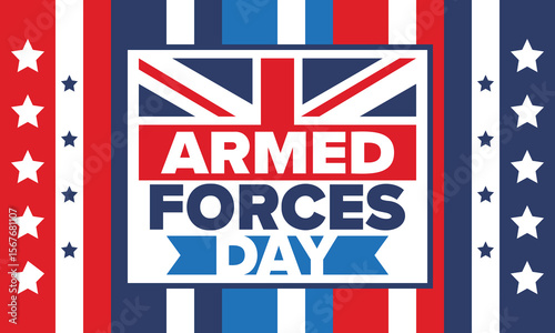 Armed Forces Day in United Kingdom. Great Britain flag. Veterans' and Memorial Day. Holiday to honoring the armed forces. British flag. Army Day. Creative art poster. Vector illustration