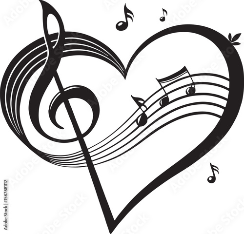 Heart shaped musical notes and treble clef symbol in a romantic black and white design.
