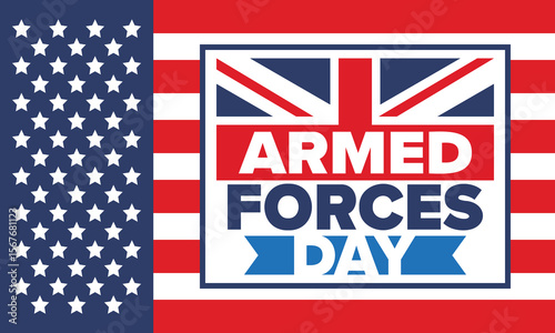 Armed Forces Day in United Kingdom. Great Britain flag. Veterans' and Memorial Day. Holiday to honoring the armed forces. British flag. Army Day. Creative art poster. Vector illustration