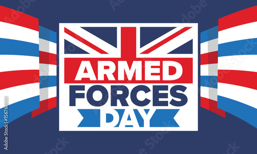Armed Forces Day in United Kingdom. Great Britain flag. Veterans' and Memorial Day. Holiday to honoring the armed forces. British flag. Army Day. Creative art poster. Vector illustration