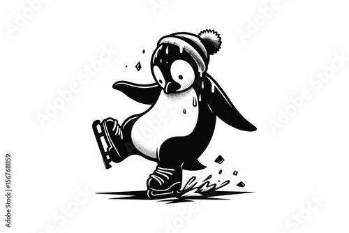  A penguin trying to ice skate but constantly slipping, isolated on a white background