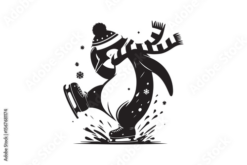  A penguin trying to ice skate but constantly slipping, isolated on a white background