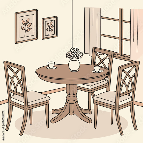 Interior design sketch featuring a classic wooden dining table with four chairs in a serene room setting.
