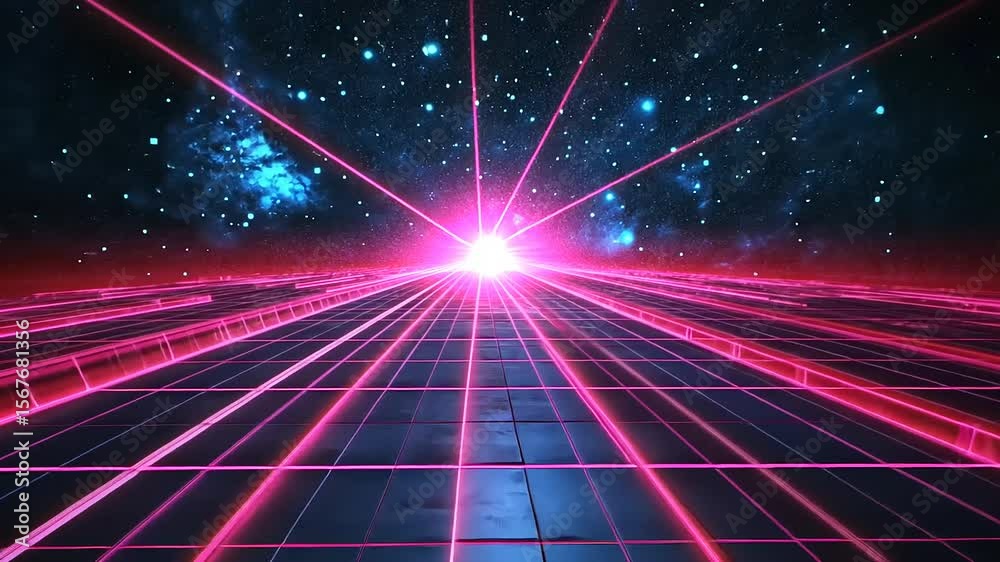Futuristic neon landscape with vibrant pink lasers converging towards a bright star in the cosmos