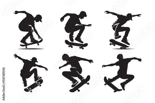 Set of A skateboarder performing a trick, Silhouette Vector icon, isolated on a white background