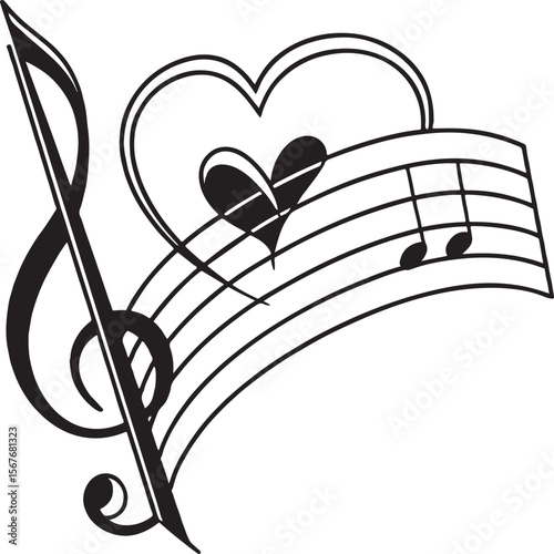 Musical heart illustration depicting love passion and emotion with treble clef and notes