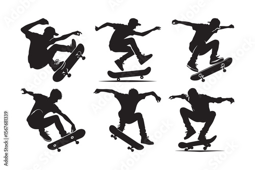 Set of A skateboarder performing a trick, Silhouette Vector icon, isolated on a white background