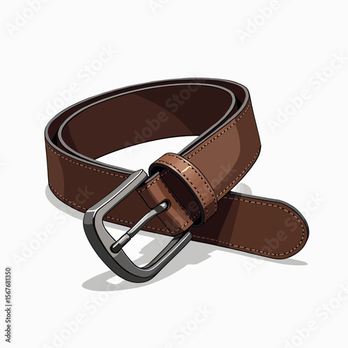 A classic brown leather belt with a stylish metal buckle, coiled in a casual arrangement, an essential and versatile fashion accessory for any man's wardrobe.
