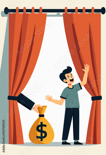 A happy man is surprised by a bag of money offered from behind a curtain, a flat design vector illustration symbolizing a prize, windfall, or secret funding.

