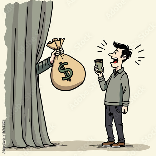 A humorous cartoon illustration of a surprised man receiving a large bag of money from a hidden hand behind a curtain, a concept for secret deals or windfalls.
