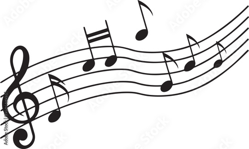 Artistic illustration of musical notes and a treble clef set against a white backdrop design.