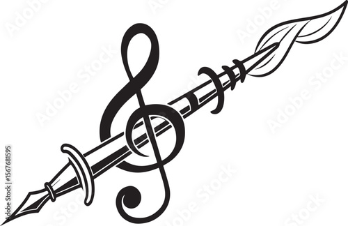 Black and white symbolic illustration of a musical pen and treble clef design