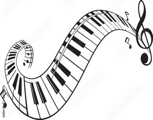 Flowing abstract musical design featuring piano keys treble clef and musical notes