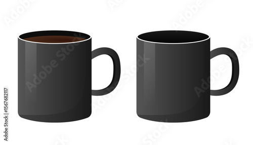 Two black ceramic mugs, one filled with coffee and one empty, vector eps10 illustration