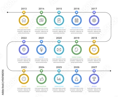 Timeline infographics template with 15 connected elements, vector eps10 illustration