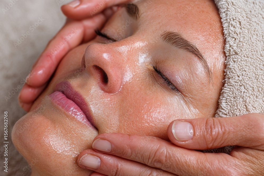 Fototapeta premium A woman enjoys a calming facial treatment at a spa, while a therapist gently applies soothing techniques for skin rejuvenation