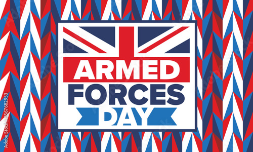 Armed Forces Day in United Kingdom. Great Britain flag. Veterans' and Memorial Day. Holiday to honoring the armed forces. British flag. Army Day. Creative art poster. Vector illustration