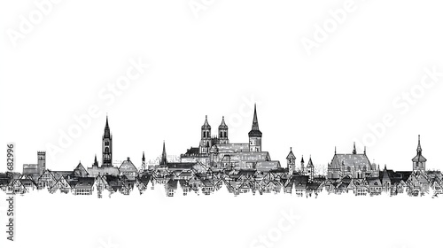 Minimal black and white line art of Nuremberg skyline with iconic historical landmarks.