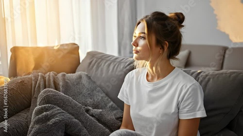 Young Caucasian woman with brown hair in a bun sits on a couch, looking thoughtfully out of a window. Soft sunlight illuminates the room.